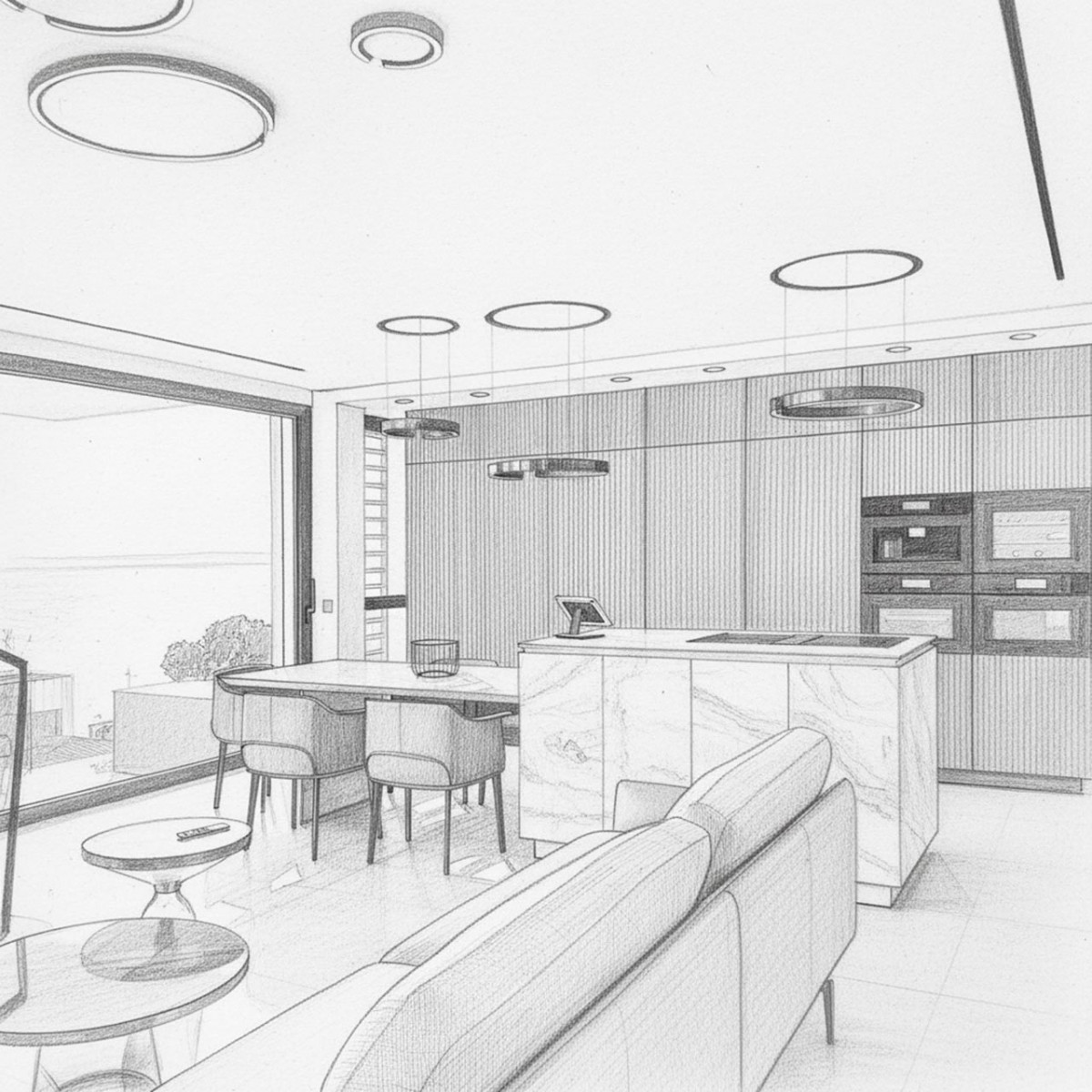 Küche mit Küchenblck aus Stein darüber einfahrbare Occhio Leuchen