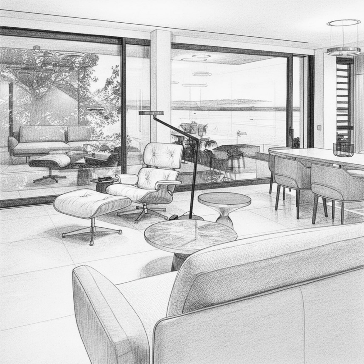 Wohnbereich mit Vitra Lounge Chair und Occhio Gioia Stehleuchte