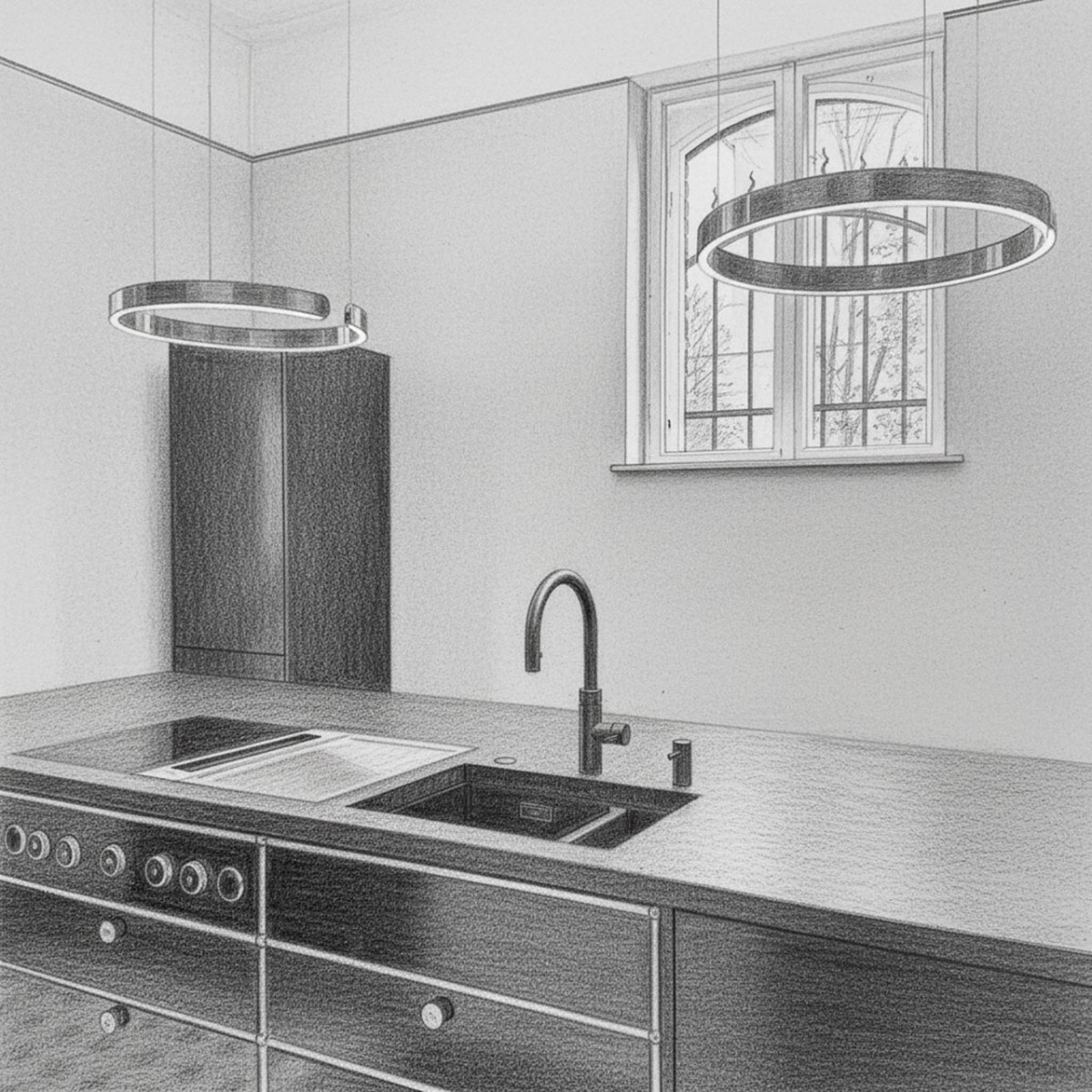 USM Haller Küchenblock mi BORA Kochfeld darüber schweben Mito Leuchten von Occhio